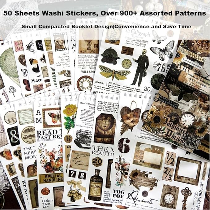 900Pcs Mini Scrapbook Washi Stickers for Journaling, 50 Sheets Vintage Sticker Book, Ephemera for Junk Journal Supplies Bullet Journals, Scrapbooking, DIY Crafts Arts