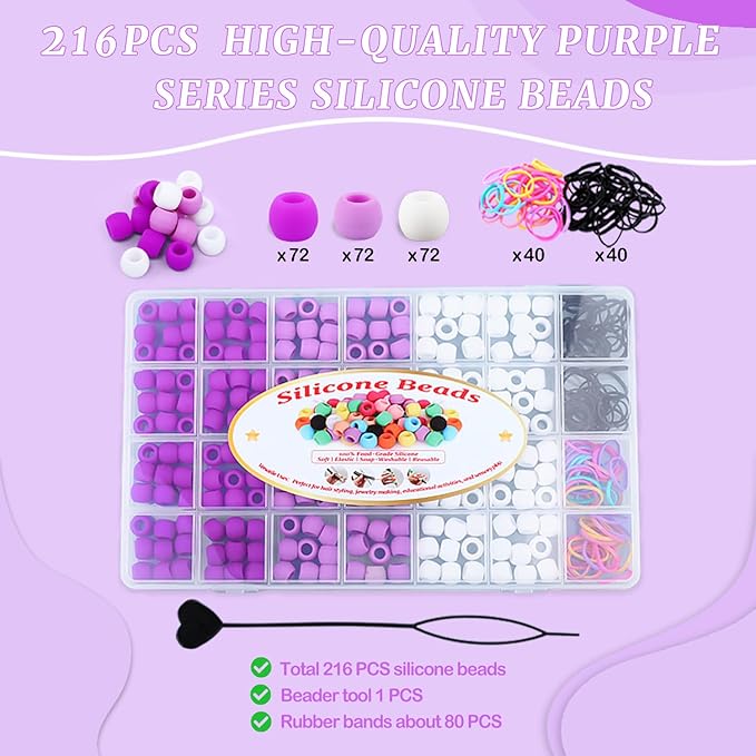 AD Beads 216PCS 6x9mm Soft Pony Silicone Beads for Hair, Purple Series with 80 Elastic Bands, Tool and Storage Box Kit for Braids, Bracelet, Crafts.