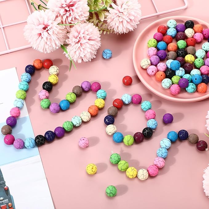 Ferreve 120 Pcs 15mm Silicone Beads Bulk Silicone Beads Print Rubber DIY Bracelet Making Kit for Keychain Making Pens Necklace Jewelry(Crack)
