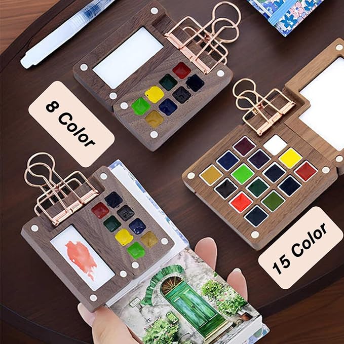 Aimery Mini Watercolor Paint Travel Set, Portable Small Miniature Pocket Water Color Painting Kit with Wooden Palette & Sketchbook(Lavender)