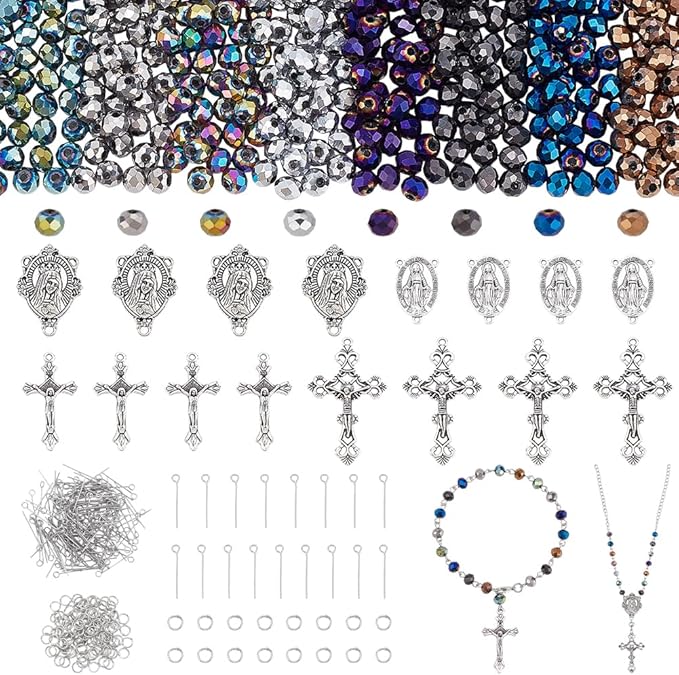 PH PandaHall 726pcs Rosary Jewelry Making Kit Prayer Making Supplies Crystal Glass Beads AB Color Loose Beads Cross Pendants Link Charms for Easter Ramadan Jewelry Making Necklace Bracelet Earring