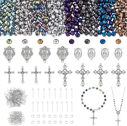 PH PandaHall 726pcs Rosary Jewelry Making Kit Prayer Making Supplies Crystal Glass Beads AB Color Loose Beads Cross Pendants Link Charms for Easter Ramadan Jewelry Making Necklace Bracelet Earring