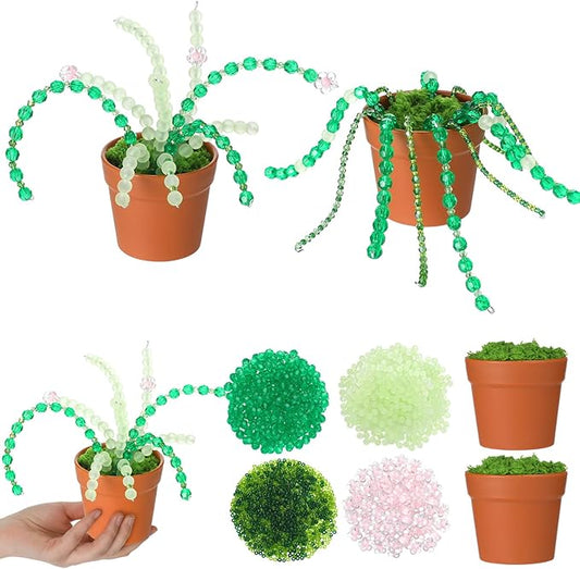Hoolerry 2 Sets DIY Beaded Plant Kits 2.5 Inch Mini Beads and Planter Making Kit Crafts Desktop Vase Decor Green Beads Succulent Flower Kit Ornaments for Home Decor Plants Lover Handmade Gifts (Brown)