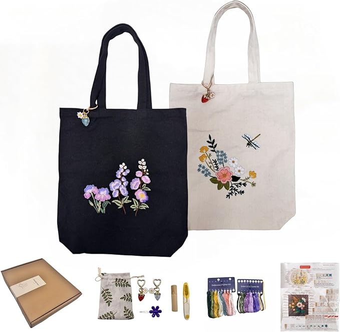 Speedura Embroidery Kit for Beginners – Dual Canvas Tote Bags with Floral Cross Stitch Patterns | Complete Needlepoint Set Includes Hoops, Threads & Step-by-Step Video Tutorial (Beige & Black Set)