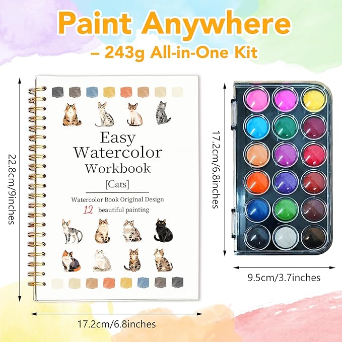 Easy Watercolor Workbook for Beginners - 12 Beautiful Step-by-Step Paintings Water Coloring Book, Includes 18 Colors Paints, Relaxing Art Projects and Creative Gift for Adults & Teen (Cats)
