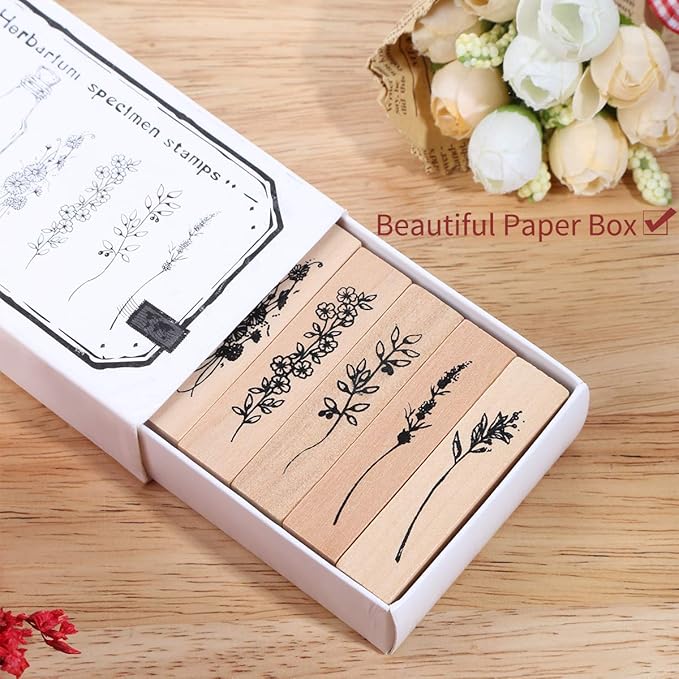 UCEC Wooden Plant Patterns Rubber Stamp, Plant and Flower Decorative Vintage Wooden Rubber Stamp Set for DIY Craft Card Scrapbooking Supplies Photo Album, Hand Book, Planner, Scrapbooking, 7Pcs