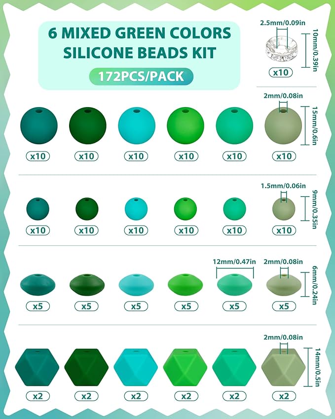 172PCS FIVEIZERO Silicone Beads for Keychain Making, 6 Mixed Colors Silicone Focal Beads Kit, 9mm & 15mm Round Lentil Hexagon Bead & Rhinestone Spacer Bead for Jewelry Making & Bracelets (Green)
