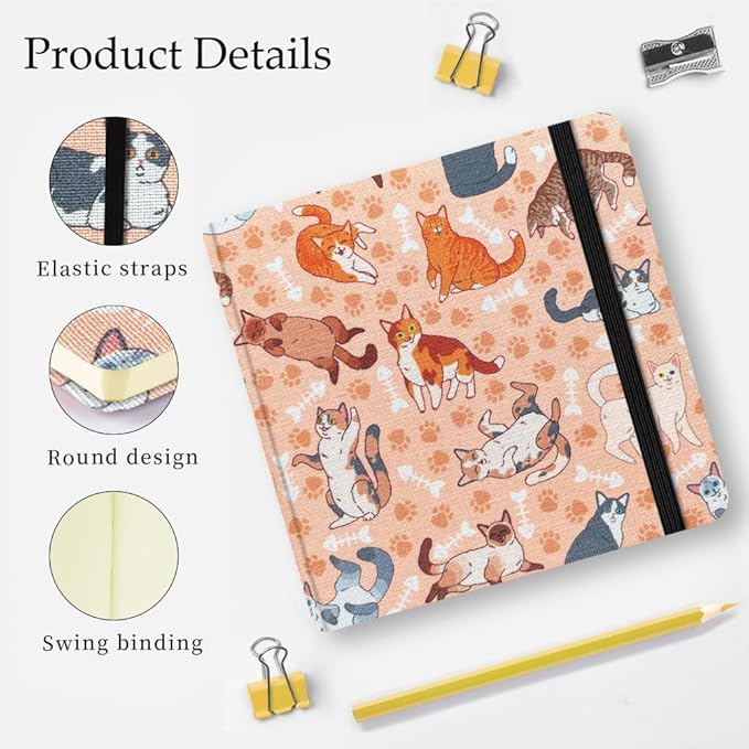 Mifuner 4.8x4.8in 80gsm Mini Notebooks Art Blank Pages Sketchbooks Travel Journal Pocket Hardcover Paint Writing Notebook Blank Diary Memo Planner Sketchbook Fabric Cover.Fishbone Cat