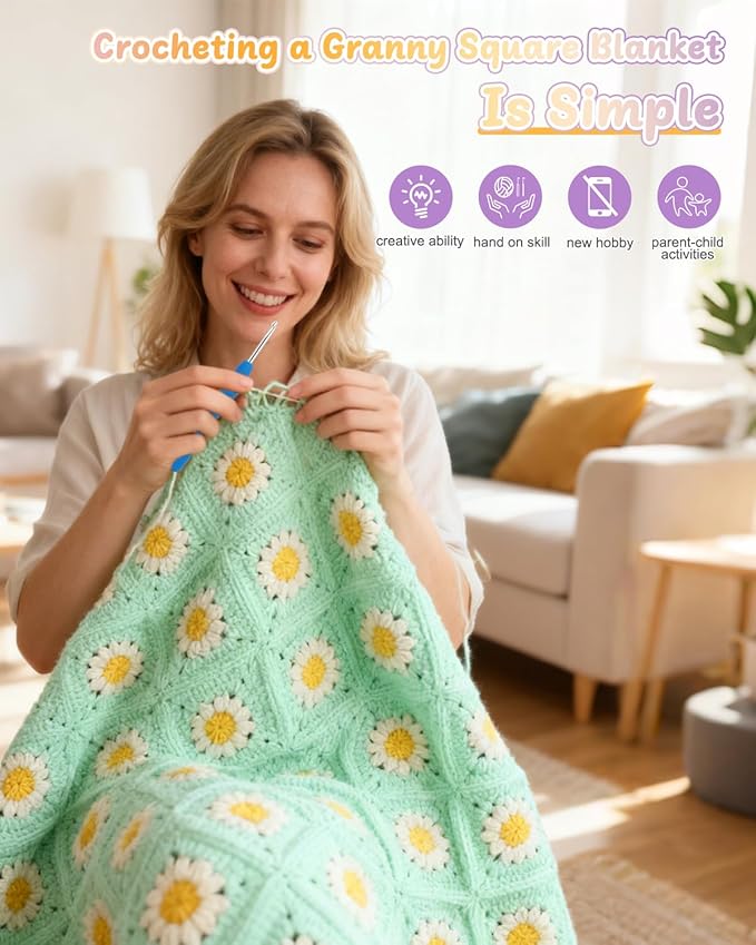 Coopay Crochet Blanket Kit for Beginners, All-in-One Granny Square Blanket Kit with Step-by-Step Video & Enough Yarns - Master Granny Square Crocheting Easily, Ideal Gift for Craft Lovers (Aqua Green)