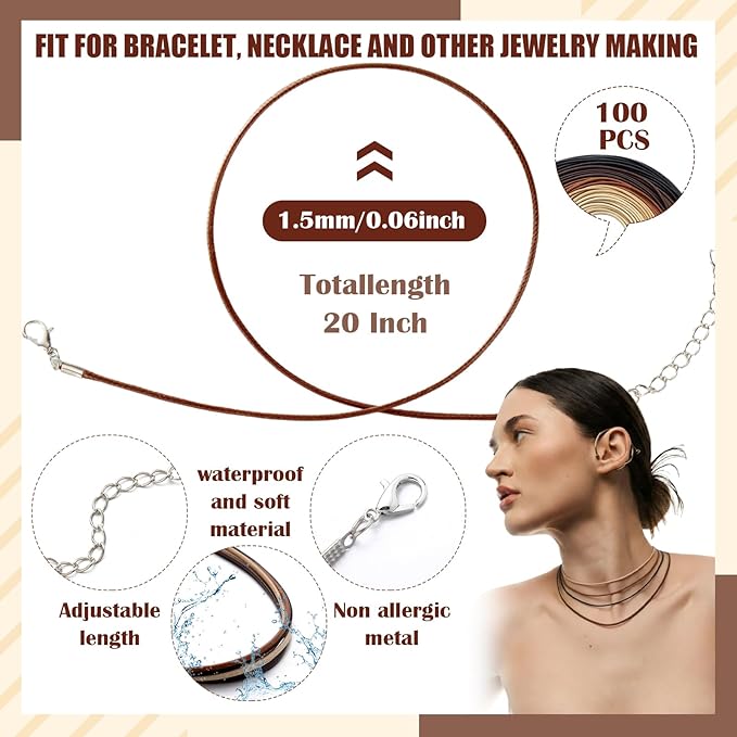 Tudomro 100 Pieces Waxed Leather Necklace Cord Bulk with Clasp Necklace Bracelet Chains String Rope Cord for Jewelry Making Pendants Charms(Classic Color,20 Inch)