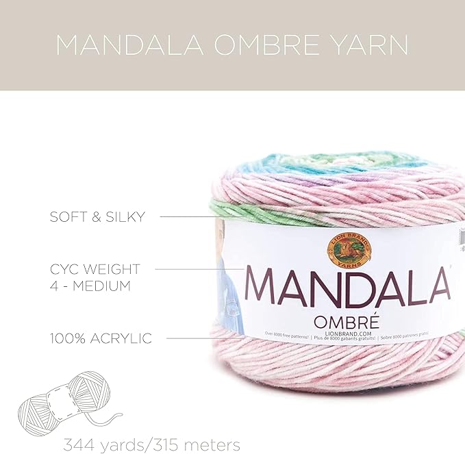 Lion Brand Yarn, Mandala Ombré Variegated Yarn for Crocheting, Knitting, and Crafts, Tranquil, 3 Pack, Soft, Acrylic Fiber for Cozy Blankets, Worsted Weight Sweaters and Colorful Shawls