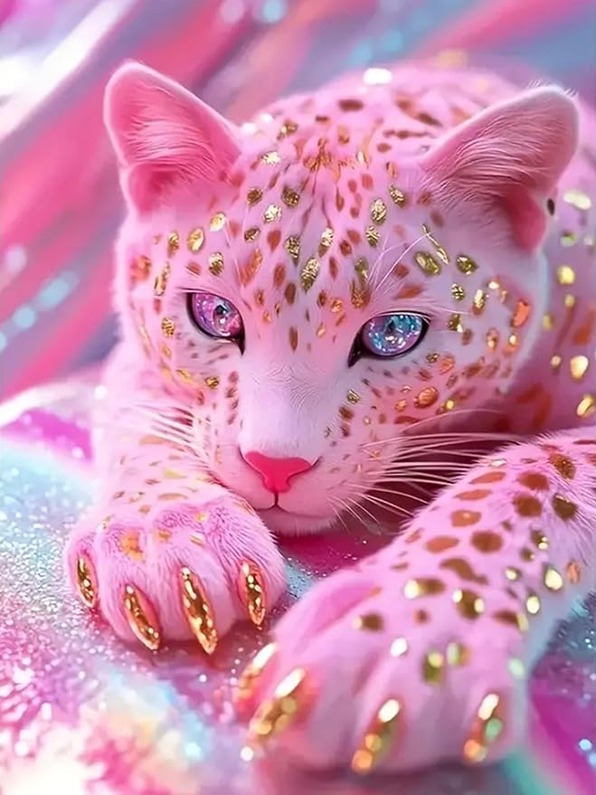 Meothan Diamond Painting Kits for Adults, 5D DIY Diamond Art Kits for Beginners, Pink Leopard Diamond Dots Kits Gem Arts Crafts for Living Room Bedroom Offices Home Wall Decor 12X16 Inch (Animal)