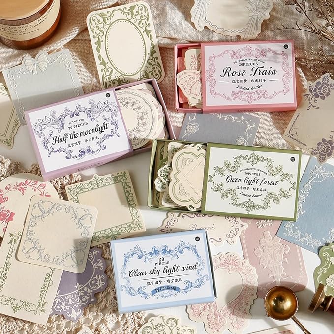 120Pcs Vintage Scrapbook Decorative Paper Set, Embossed Pattern Small Writing Notes Paper Blank Card 4 Boxes for Scrapbooking Junk Journaling Card Making Gift Tags Labels Non-Sticky