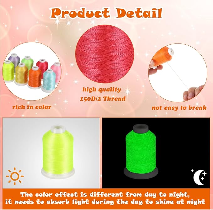 12 Colors Glow in The Dark Embroidery Thread Colorful Luminary Polyester Machine Accessories 550 Yard Sewing Thread for Embroidery Quilting Sewing Decorations