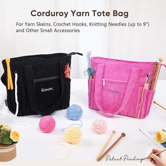 Crochet Bag and Tote - Corduroy Yarn Bag - Yarn Holder for Crocheting - Crochet Storage Bag for Crochet Hooks, Crochet Accessories, Knitting Bag for Crochet Lovers, Mom Gift