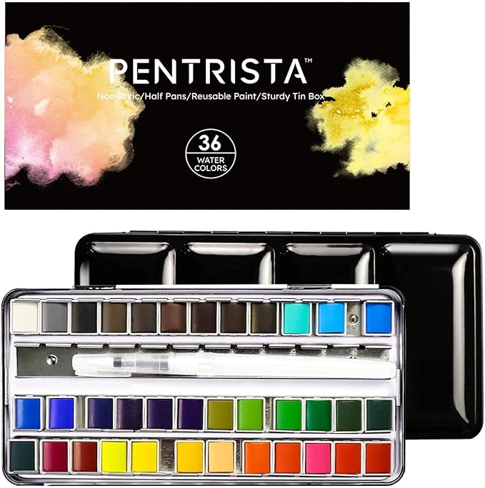 36 Colors Solid Watercolor Paint Set with Refillable Water Brush, Artist-Grade Half Pans in Tin Box - Professional Watercolor Kit for Artists, Adults, Beginners and Painting lovers