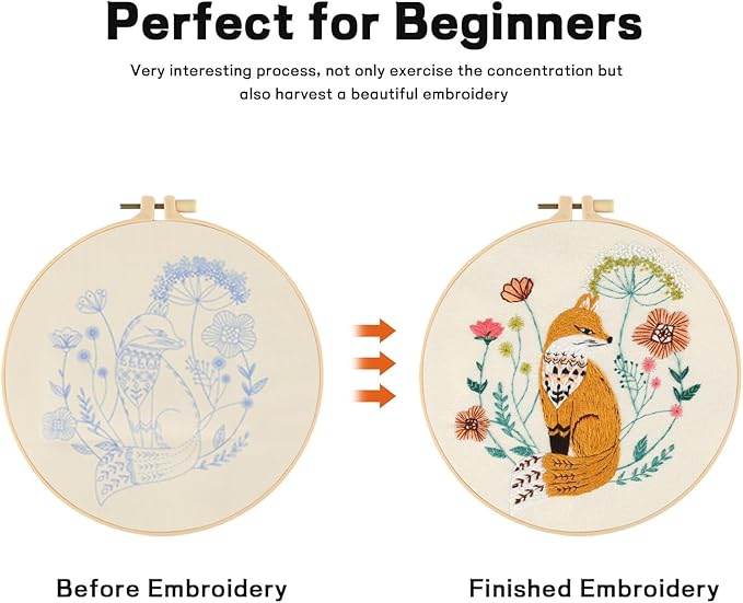 JOINRUN Beginner Embroidery Kit for Adults, Fox Cross Stitch Kits with 7.9" Hoop, Threads, Needles, Learn Stitches with Pre-Printed Patterns, Video Tutorial, DIY Needlework Craft Gift for Women