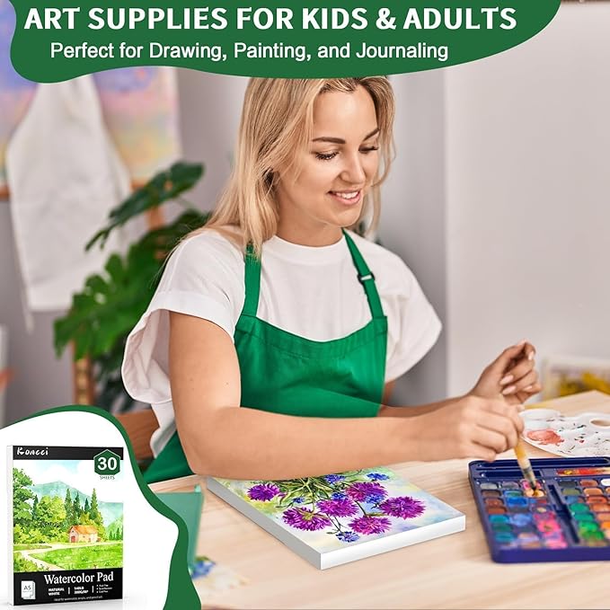 Watercolor Paper A5(5.8"X8.3"), Cold Press Water Color Paper Pad, 140lb/300gsm, Glue Bound, Acid-Free Watercolor Sketchbook Journal Painting Drawing Paper Book, Art Supplies for Students Adults