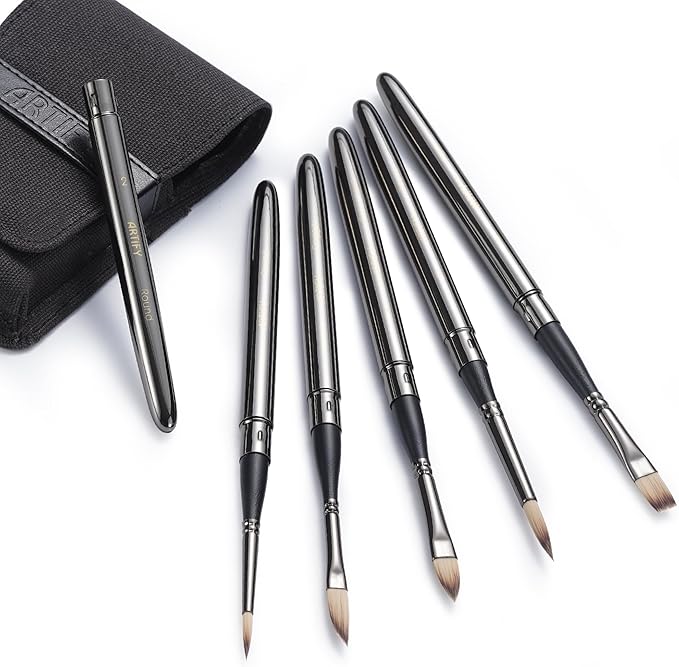 Artify Travel Watercolor Brushes, Outdoor Paint Brushes, Water Color Paint Brush Set with Anti-Rust Polished Metallic Gray Finish, Painting Brushes for Watercolor Gouache Ink - Gift for Artist (6PCS)