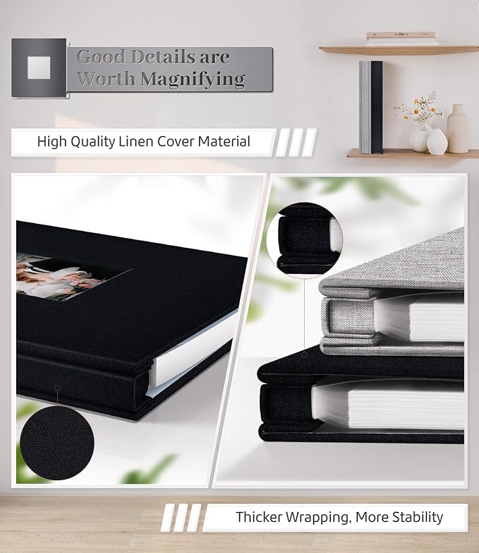Photo Album Self Adhesive Scrapbook Album for 3x5 4x6 5x7 8x10 Pictures,40 Pages Linen Cover with Display Window DIY Photo Book,Ideal Gifts for Family Travel Wedding Baby