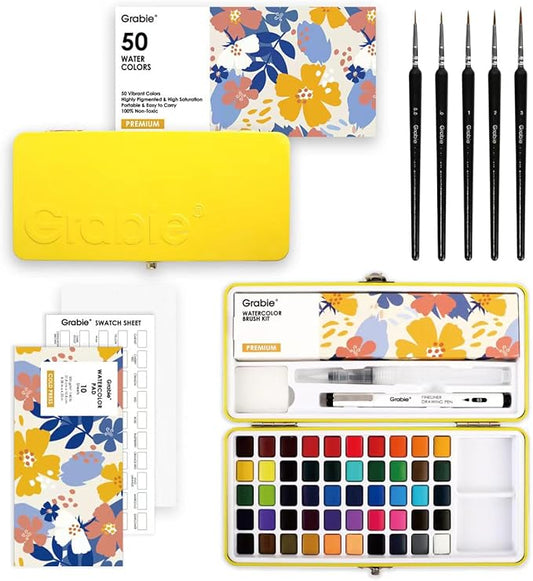 grabie 50 colors premium all-in-one water color paint set - detail paint brush included, watercolor paints, painting sets, art supplies, portable & travel watercolor set, amateur hobbyists