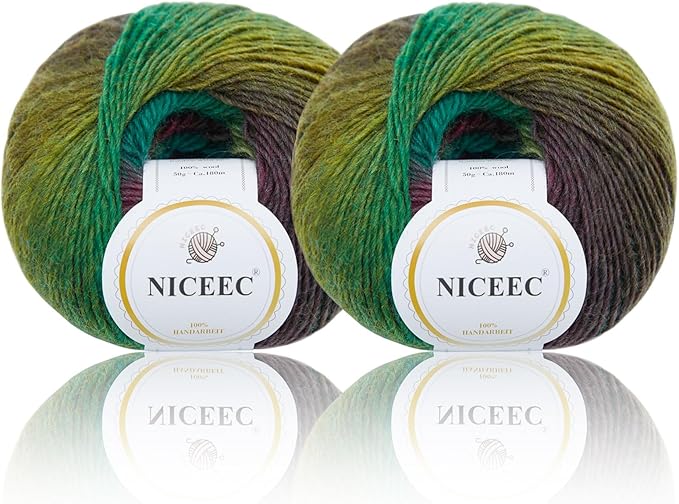 NICEEC 2 Skeins Rainbow Soft Yarn 100% Wool Gradient Multi Color Yarn for Crocheting Knit Total Length 180m×2(196yds×2,50g×2)-13#