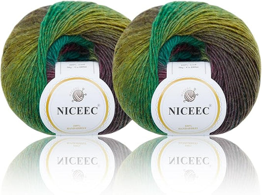 NICEEC 2 Skeins Rainbow Soft Yarn 100% Wool Gradient Multi Color Yarn for Crocheting Knit Total Length 180m×2(196yds×2,50g×2)-13#