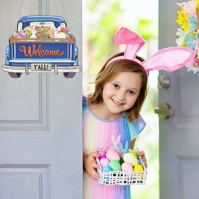 APCGSM 13PCS Interchangeable Diamond Painting Welcome Sign for Front Door Holiday Decor Blue Truck Hanging Sign Interchangeable Seasonal Decor for Wall Home Farmhouse DIY Diamond Art Kits for Adults
