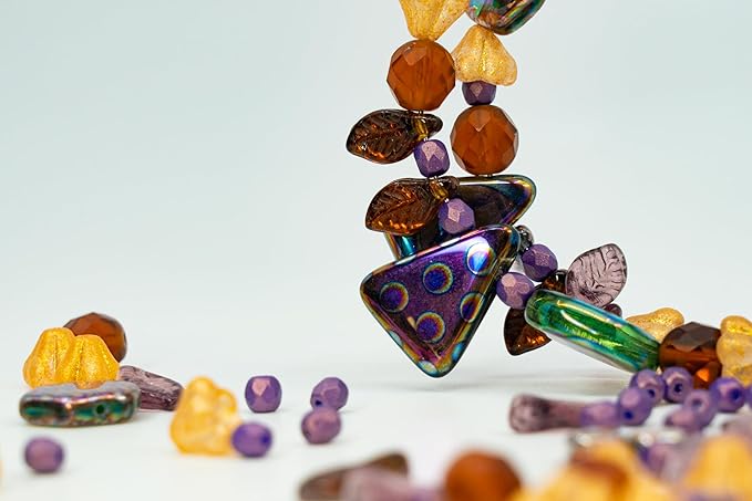 1.4oz (40g) Limited Mix of Czech Glass Beads, Hand Made Set Kit, Purple Fantasy Golden Bell Flowers