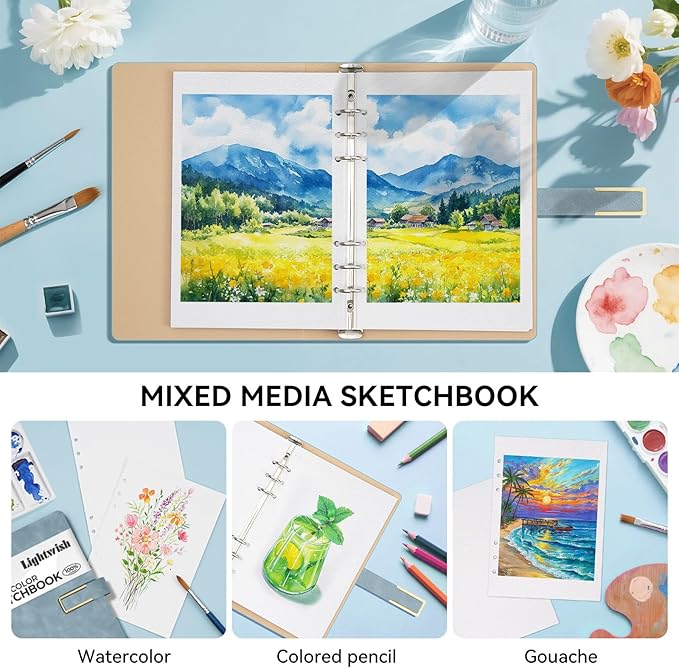 Lightwish Watercolor Sketchbook,100% Cotton Acid Free Watercolor Journal,450gsm Cold Press Watercolor Paper for Artists,Adults,Students,15 Sheets,5.8 * 8.2 Inches Paper