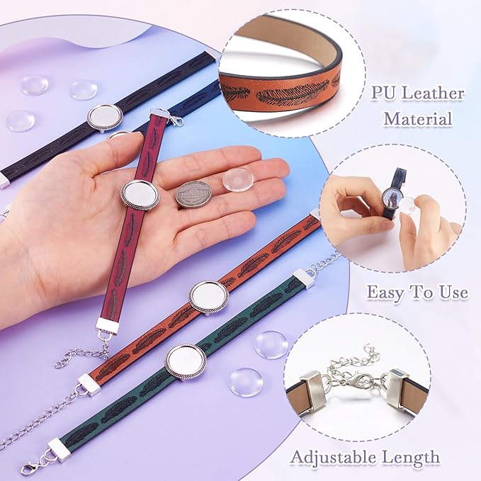 FASHEWELRY 5Pcs PU Leather Cord Bracelet with Glass Cabochons for Jewelry Making - 23mm Round, Adjustable, Feather Print Blank Tray Bracelet Band Settings (5 Colors)