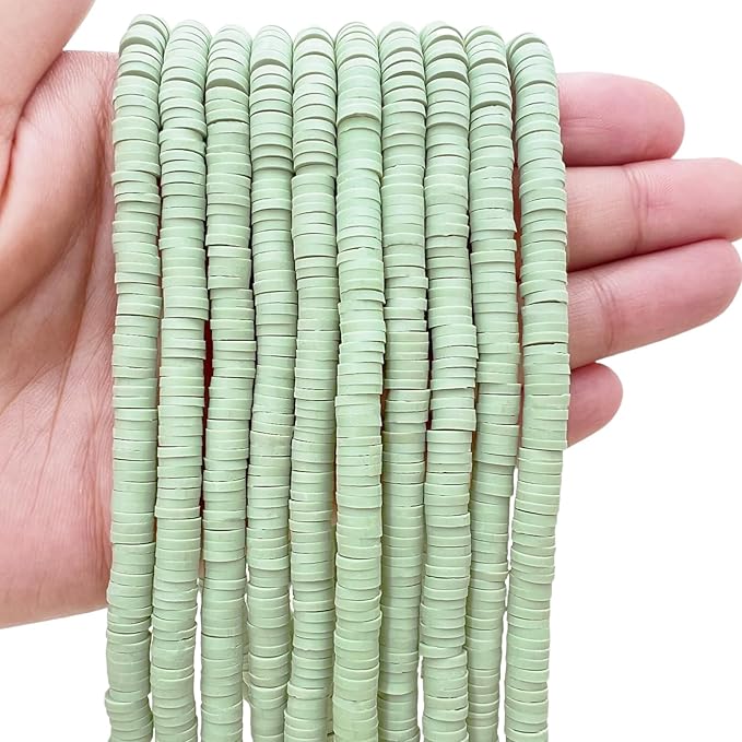 10 Strands Clay Bead, Heishi Beads for Bracelet Stack, Earth Tone Clay Beads for Adults, Flat Beads Kit for Friendship Bracelets, Neutral Beads Bracelet Making Kit(Sage Green)
