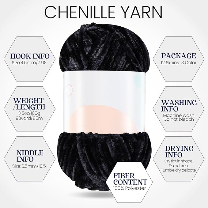 Xinnun 12 Skeins 1116 Yards Chenille Velvet Soft Thick Plush Yarn Bulk for Crocheting Knitting Blanket DIY Weaving Craft, 6mm, 3.5 Oz/Skein(Black)