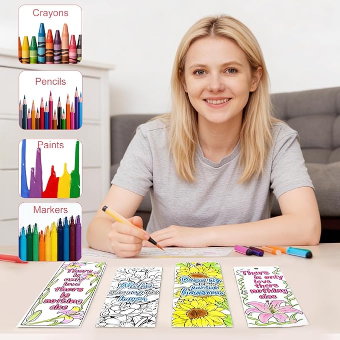 60 PCS Inspirational Quotes Coloring Bookmarks, DIY Coloring Book Markers Motivational Reading Page Holder for Students, Color Your Own Bookmark for Class Gifts, Kids, Adults, Teachers, Book Lovers