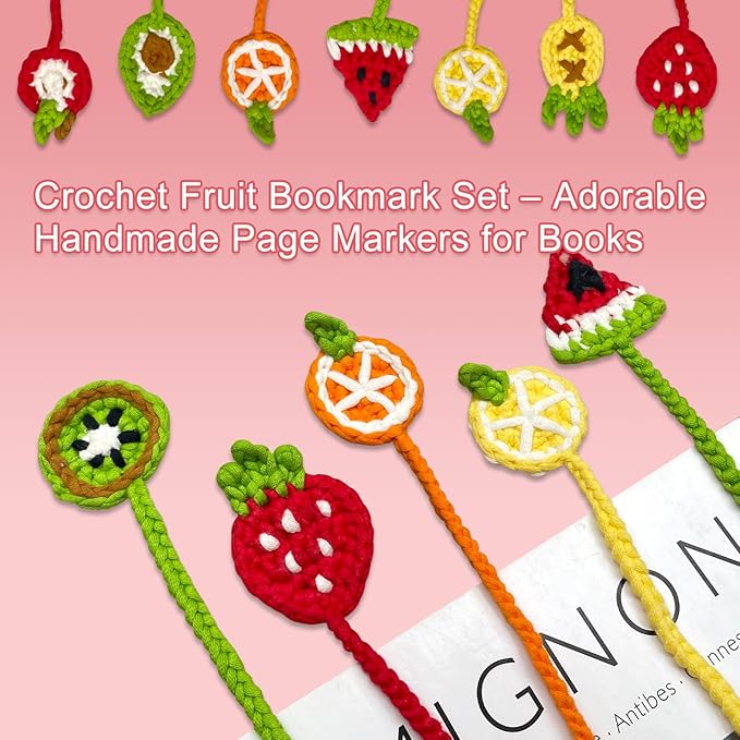 LOLCROCHET Crochet Kit for Beginners, 8pcs Fruit-Themed Learn Bookmarks Crochet Starter Set with Video Tutorial & Manual, Easy Yarn Knitting Kit for Adults, DIY Xmas Holiday Crocheting Gift