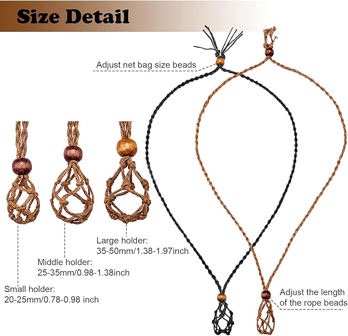 Hicarer 6 Pieces D20 Necklace Cord Empty Stone Holder Empty Necklace Holder Quartz Crystal Stone Cord, 3 Sizes Adjustable Cage Fish Netted for DIY Jewelry Making(Black,Brown)