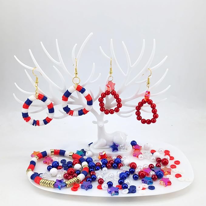 1938Pcs Red White Blue Beads Kit, 4th of July Patriotic Clay Beads Star Beads Round 6mm Pearl Beads for Jewelry Making Independence Day Polymer Clay Beads Heishi Beads for Necklace Bracelets Earrings