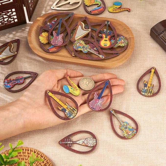 40pcs Wooden Earring Charms Big Flat Teardrop Printed Wood Musical Instrument Pendants Hollow Wood Cutouts for Necklace Keychain DIY Jewelry Craft Making