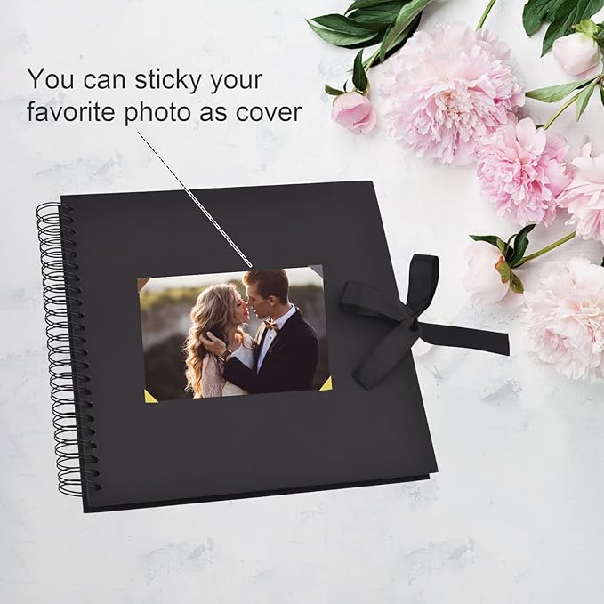 GOTIDEAL 12 x 12 Inch Scrapbook Album with 10 Metallic Markers,80 Pages Craft Paper Photo Album for Wedding and Anniversary, Family DIY Photo Album with Scrapbooking Stickers Corners(Black)