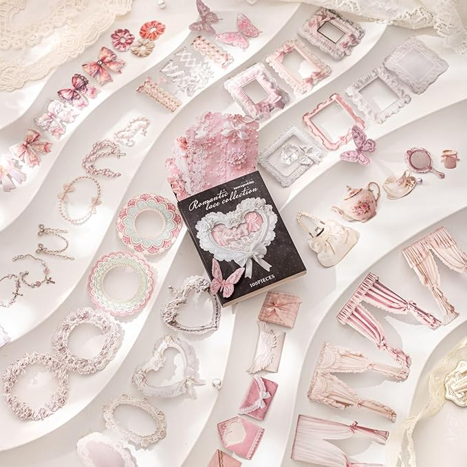 100 Pieces Romantic Lace-Themed Scrapbook Stickers Set, Aesthetic Decorative Stickers for Scrapbooking, Junk Journaling, Crafting, DIY Projects, Diaries and Art Supplies