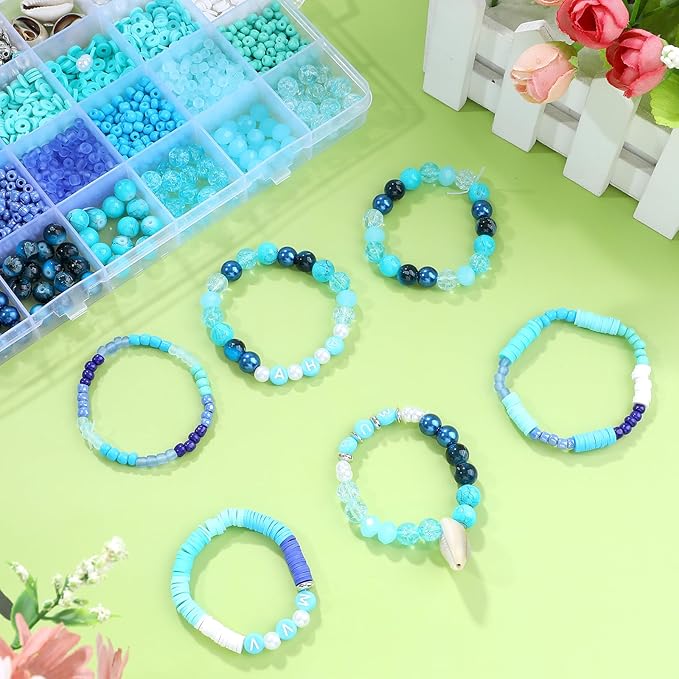 Blue Clay Beads for Bracelet Making Kit, 24 Colors 3500pcs Friendship Bracelet Making Kit, Small Glass Beads for Jewelry Making, Blue Ocean Series Colorful Crystal Beads and Crafts DIY Gifts