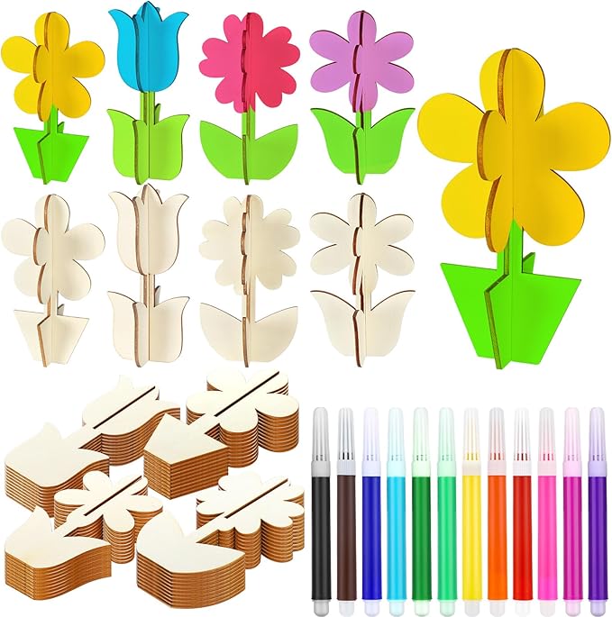 Blosssound 48 Pcs Spring Crafts Set 36 Pcs 3D Wooden Flower Cutouts Wood Unfinished Tulip Slices to Paint with 12 Colored Markers for DIY Mother's Spring Crafts Handmade Table Tiered Tray Decor