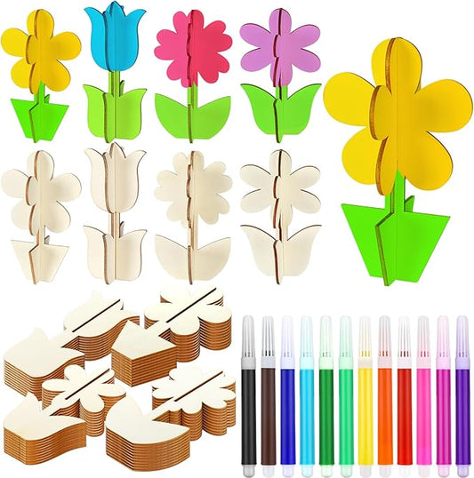 Blosssound 48 Pcs Spring Crafts Set 36 Pcs 3D Wooden Flower Cutouts Wood Unfinished Tulip Slices to Paint with 12 Colored Markers for DIY Mother's Spring Crafts Handmade Table Tiered Tray Decor