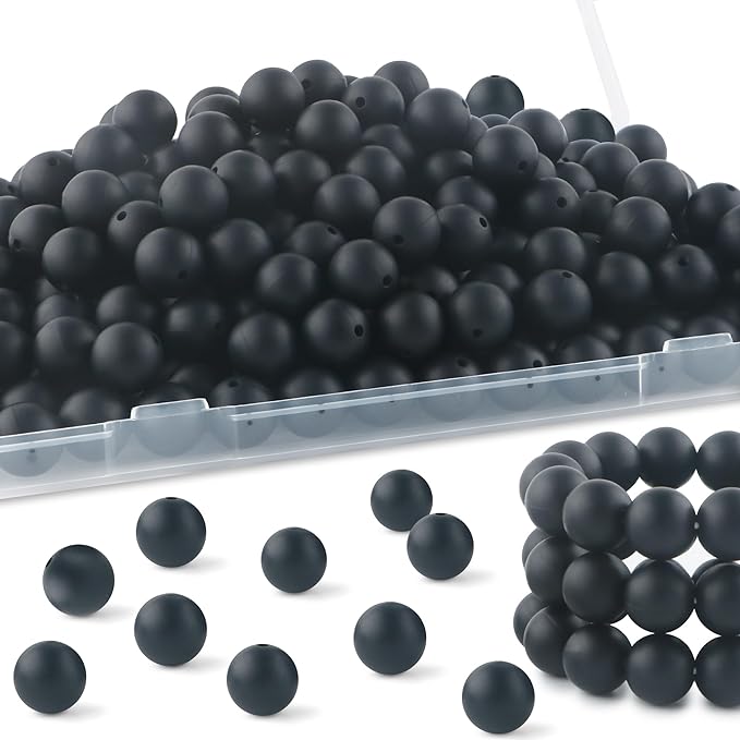 150Pcs 15mm Silicone Beads for Keychain Making Bracelet Necklace, Bulk Round Silicone Beads for Pens（Black）