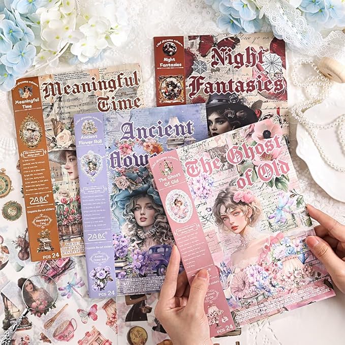 4 Different Goth Themes Sticker Pad,Vintage and Goth Aesthetic Washi Stickers Book, Die-Cut Sticker Book for Phone Scrapbook Junk Journal Collage DIY Crafts