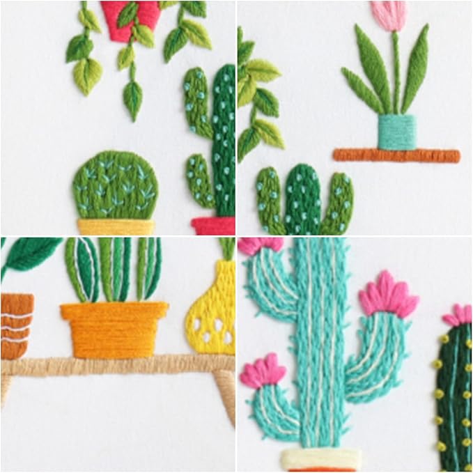 Louise Maelys 3 Sets Cactus Embroidery Kits for Beginners,Cross Stitch Kit for Adults,Crewel Starters Needlepoint with Plants Pattern, Hoop and Instruction