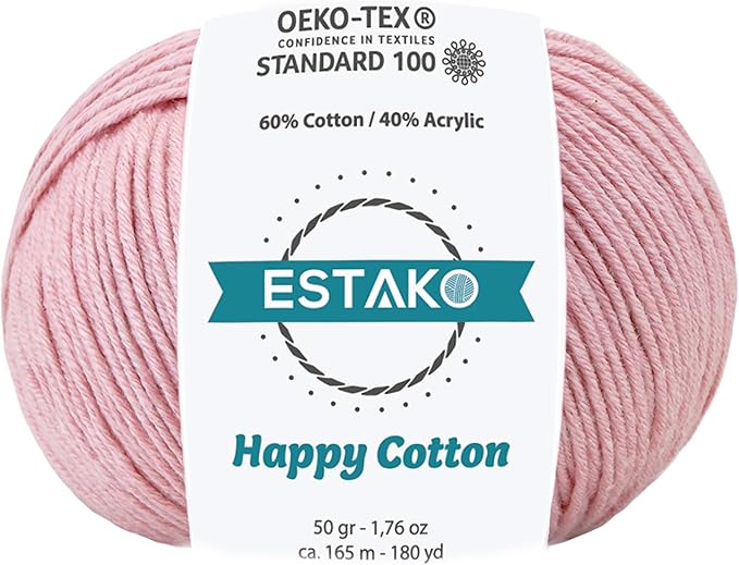 Estako Happy Cotton, 60% Cotton 40% Acrylic Yarn, Soft, Fine/Sport (2) for Crochet and Knitting 1.76 Oz (50g) / 180 Yrds (165m) (4310 - Baby Pink)