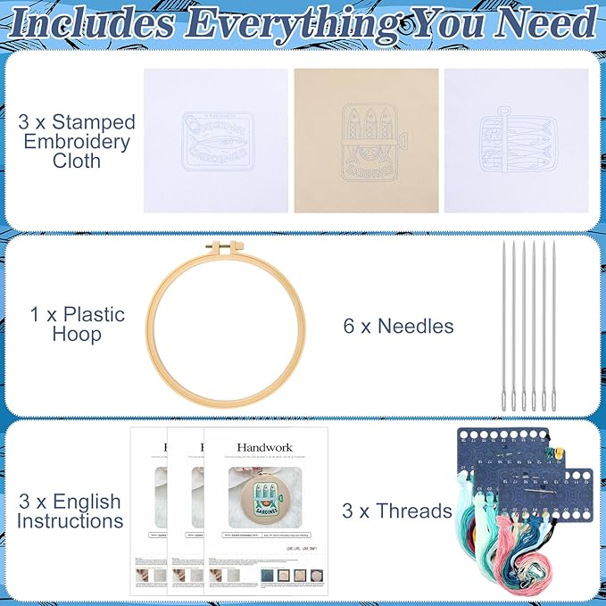 Mindsoft 3 Sets Sardine Embroidery Kit with Embroidery Hoop Easy Pattern Needlepoint Kit for Beginners and Adults Hand Crafts Needlepoint Set with Needles Thread and Instruction