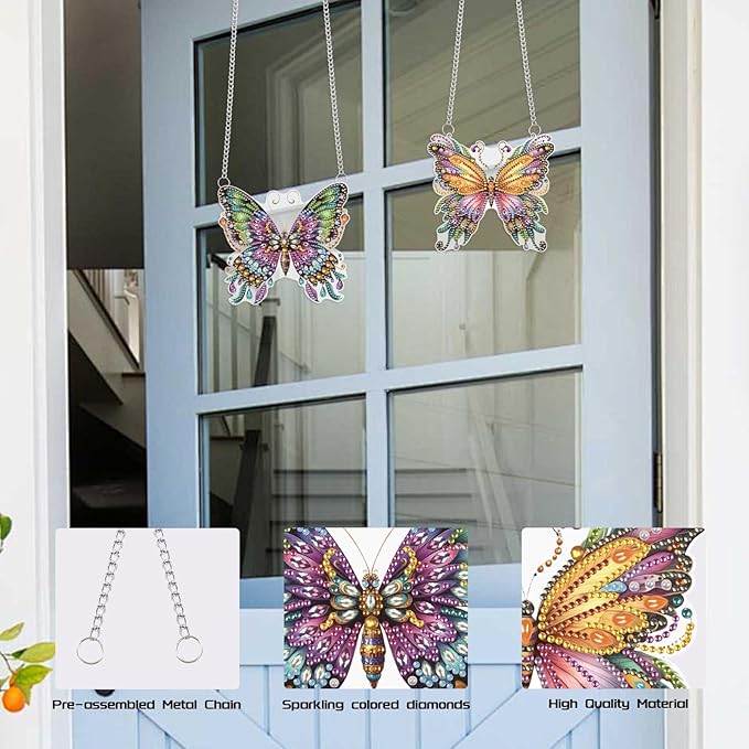2 Pack Butterfly Diamond Painting Hanging Decorations – 5D DIY Special Shaped Diamond Art Wall Ornaments, Butterfly Design (15x13.7cm & 15x13.8cm), for Home Decor & Gifts