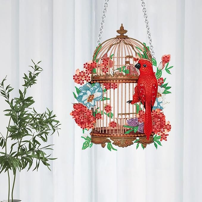 Flower Birdcage Design DIY Diamond Art Painting Wreath Kits Special Shaped Rhinestone Diamond Art Window Pendants Home Garden Wall Hanging Kits (Single Side Point Drill) (#11-Cat) (#04-Bird)